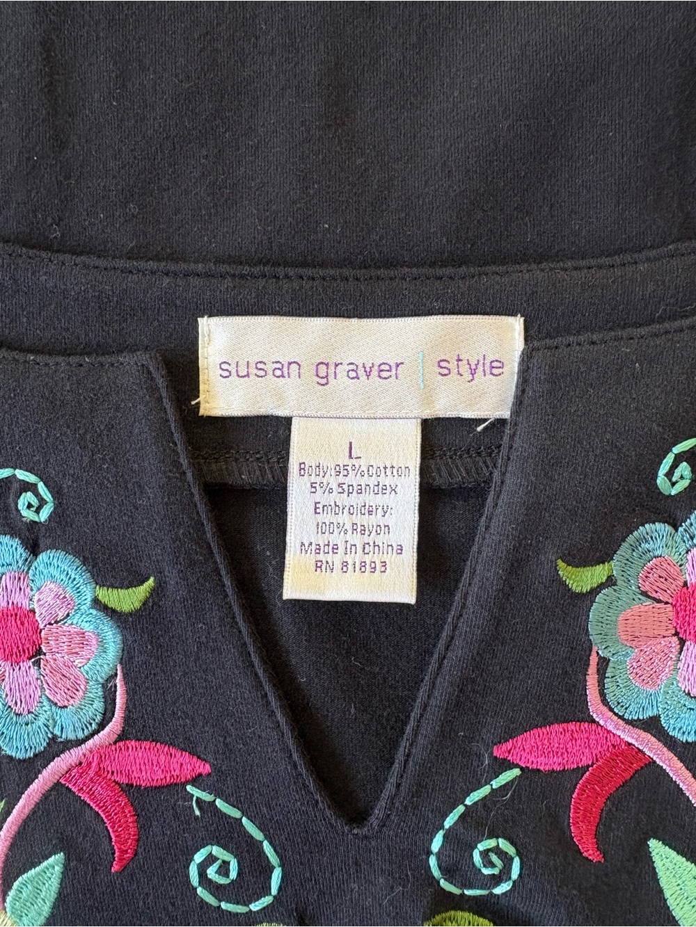 Susan Graver Embroidered V-neck Black Blouse, Women's Size L - Picture 6 of 7